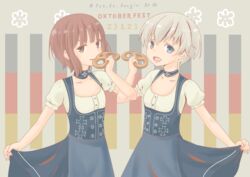  2girls absurdres alternate_costume blue_eyes brown_eyes brown_hair character_name cowboy_shot dirndl dress flat_chest food german_clothes german_flag grey_background grey_hair highres holding holding_food kantai_collection looking_at_viewer multiple_girls pot-de pretzel short_hair skirt_hold z1_leberecht_maass_(kancolle) z1_leberecht_maass_(oktoberfest_mode)_(kancolle) z3_max_schultz_(kancolle) 