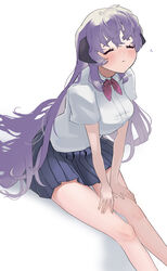  absurdres blue_skirt blush closed_eyes closed_mouth collared_shirt commentary female hands_on_legs hanyuu highres higurashi_no_naku_koro_ni horns long_hair oici_ne pink_ribbon pleated_skirt purple_hair ribbon school_uniform shirt simple_background sitting skirt solo st._lucia_academy_school_uniform symbol-only_commentary white_background white_shirt 