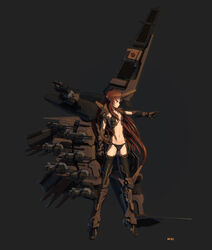  absurdres armor armored_boots attack_ship_(eve_online) battlecruiser_(eve_online) black_background black_panties black_thighhighs boots brown_armor brown_hair cannon elbow_gloves eve_online female flat_chest full_body gauntlets gloves gun highres horns long_hair long_legs looking_away mcrc_science mecha_musume mechanical_horns mechanical_wings minmatar_republic_(eve_online) navel outstretched_arm panties personification photoshop_(medium) red_eyes shoulder_armor signature simple_background single_horn solo stomach thighhighs thighs tornado_(eve_online) turret underwear very_long_hair weapon wings 