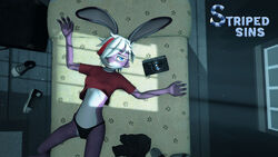  16:9 3d_(artwork) anthro bed bedroom camera clothed clothing clothing_aside clothing_lift digital_media_(artwork) female footwear fur furniture hair june_(striped_sins) lagomorph leporid mammal night panties partially_clothed purple_body purple_fur rabbit shirt shoes sneakers solo striped_sins t-shirt topwear underwear white_hair widescreen willitfit 