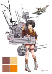  absurdres aircraft airplane bad_id bad_pixiv_id black_eyes black_hair boots brown_sailor_collar brown_shirt brown_shorts brown_socks color_guide cross-laced_footwear e16a_zuiun female flight_deck full_body highres kantai_collection kneehighs lace-up_boots looking_at_viewer machinery mast mogami_(kancolle) mogami_kai_ni_(kancolle) neckerchief orange_neckerchief sagoromo_04 sailor_collar shirt short_hair shorts simple_background smokestack socks solo standing white_background 