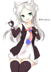  :d american_flag american_flag_neckwear american_flag_print animal_ear_fluff animal_ears azur_lane bare_shoulders black_gloves black_thighhighs blush cat_ears commentary_request double_finger_gun dress elbow_gloves female finger_gun fingerless_gloves flag_print gloves green_eyes grey_hair highres long_hair necktie ochinsama open_mouth parted_bangs photoshop_(medium) print_necktie simple_background sims_(azur_lane) sitting sleeveless sleeveless_dress smile solo thighhighs two_side_up very_long_hair white_background white_dress 