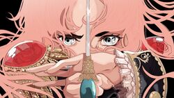  black_background female floating_hair flower grey_eyes highres holding holding_sword holding_weapon jewelry looking_at_viewer pimientosdulces pink_hair portrait red_flower red_rose ring rose shadow shoujo_kakumei_utena solo sword tenjou_utena twitter_username weapon 