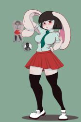  absurd_res anthro big_breasts bottomwear breasts clothing cotton_tail embarrassed female fur hair hi_res lagomorph legwear leporid long_ears looking_at_viewer mammal pantyhose rabbit redesigned short_hair skirt solo student thigh_highs walas21 white_body white_fur 