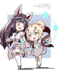  2girls aly_(eshikidori) animal_ears black_hair blonde_hair chibi electra_(xenoblade) fox_ears glowing_lines highres horns kasandra_(xenoblade) long_hair multiple_girls pointy_ears xenoblade_chronicles_(series) xenoblade_chronicles_2 yellow_eyes 