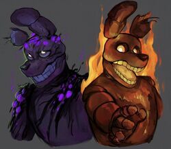  2020 animatronic anthro burning closed_smile digital_drawing_(artwork) digital_media_(artwork) duo elemental_creature fire five_nights_at_freddy&#039;s five_nights_at_freddy&#039;s_3 five_nights_at_freddy&#039;s_ar flaming_springtrap_(fnaf) grey_eyes lagomorph leporid looking_at_viewer looking_up machine male mammal mechanical_jaws mouth_closed open_mouth orange_body orange_eyes poison_(final_fight) purple_body rabbit reaching_towards_viewer robot scottgames smile springtrap_(fnaf) toxic_springtrap_(fnaf) 