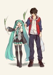  1boy aqua_hair black_hair black_legwear boots closed_eyes commentary crossover detached_sleeves female food green_eyes hatsune_miku headphones headphones_around_neck heterochromia highres holding holding_food holding_spring_onion holding_vegetable hood hypnosis_mic jacket jewelry long_hair mole mole_under_eye mole_under_mouth necktie open_mouth pogatyb red_eyes shirt simple_background skirt sleeveless smile spring_onion swinging thigh_boots thighhighs twintails vegetable very_long_hair vocaloid yamada_ichiro 