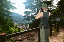  1boy bare_arms bare_shoulders baseball_cap black_shirt brown_hair building camera commentary_request day facing_away gaou_(babel) green_hat green_pants hands_up hat higurashi_no_naku_koro_ni holding holding_camera male_focus mountain outdoors pants photoshop_(medium) railing shirt sleeveless sleeveless_shirt solo standing tomitake_jirou tree watch wristwatch 