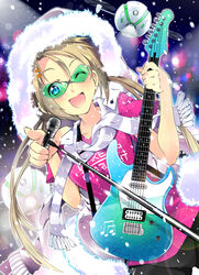  absurdres blonde_hair commentary cowboy_shot drone electric_guitar english_commentary feather_trim female guitar highres instrument jacket joakim_waller long_hair microphone microphone_stand one_eye_closed original photoshop_(medium) pink_shirt pointing scarf shirt solo sunglasses twintails 