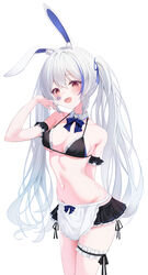  :d absurdres animal_ear_fluff animal_ears apron arm_garter bare_shoulders bikini black_bikini black_skirt blue_hair blush bow bowtie breasts bridal_garter cleavage collarbone cowboy_shot detached_collar facial_mark female frilled_bikini frilled_skirt frills groin hair_ribbon halterneck hand_up highres ju-ok long_hair looking_at_viewer medium_breasts microskirt multicolored_hair navel open_mouth original pleated_skirt rabbit_ears red_eyes ribbon side-tie_peek simple_background skirt smile solo spade_tattoo standing stomach streaked_hair string_bikini swimsuit tattoo thighs twintails two-tone_hair very_long_hair waist_apron white_background white_hair 