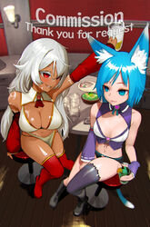  2girls alcohol animal_ear_fluff animal_ears arm_tattoo asymmetrical_clothes bar_stool beer beer_mug black_hair blue_eyes blue_hair boots breast_tattoo breasts cat_ears cat_tail cheering cleavage cocktail commentary commission copyright_request cup detached_collar detached_sleeves drunk fingerless_gloves from_above gloves highres hiragana_oufu knee_boots large_breasts long_hair medium_breasts mug multiple_girls navel pelvic_curtain purple_gloves purple_legwear purple_sleeves red_eyes red_footwear red_sleeves short_hair single_detached_sleeve single_thighhigh sitting stool tail tattoo thank_you thigh_boots thighhighs white_hair 