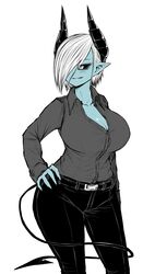  absurdres belt belt_buckle black_pants black_sclera blue_skin breasts buckle buttons cleavage colored_sclera colored_skin female grey_shirt hand_on_own_hip highres horns huge_breasts legs limited_palette musuko_ga_kawaikute_shikatanai_mazoku_no_hahaoya pants pointy_ears shirt short_hair smile teresa_(mazohaha) thighs white_background white_eyes white_hair wide_hips zyugoya 