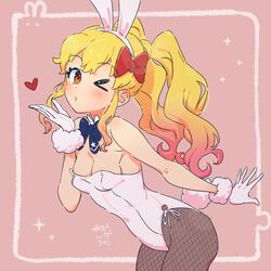  &gt;_o aikatsu!_(series) aikatsu_stars! animal_ears artist_name bare_shoulders blonde_hair blowing_kiss blue_bow blue_bowtie blush bow bowtie breasts brown_eyes cleavage commentary covered_navel cowboy_shot dated detached_collar fake_animal_ears fake_tail female fishnet_pantyhose fishnets framed from_side fur_trim gloves gradient_hair hairband hairbow heart highres leaning_forward leotard long_hair looking_at_viewer medium_breasts multicolored_hair nijino_yume one_eye_closed pantyhose pink_background pink_hair playboy_bunny puckered_lips rabbit_ears rabbit_tail red_bow side-tie_leotard signature simple_background solo star_(symbol) star_print strapless strapless_leotard susinoyama tail twintails wavy_hair white_gloves white_hairband white_leotard wrist_cuffs 