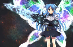  armor belt belt_buckle black_gloves black_skirt blue_eyes blue_hair blush buckle butterfly_wings chtholly_nota_seniorious closed_mouth commentary dress female gloves highres holding holding_sword holding_weapon insect_wings long_hair long_sleeves looking_at_viewer nekoroberu shuumatsu_nani_shitemasu_ka? simple_background skirt smile solo standing sword two_side_up very_long_hair weapon wings 