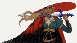  aqua_eyes blonde_hair cape earrings female floating_hair hand_up highres holding holding_sword holding_weapon jewelry long_hair looking_at_viewer parted_lips pimientosdulces pointy_ears princess_zelda solo sword the_legend_of_zelda the_legend_of_zelda:_breath_of_the_wild upper_body weapon white_background 