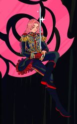  black_footwear black_pants boots closed_eyes expressionless female full_body gloves highres holding holding_sword holding_weapon invisible_chair long_hair long_sleeves pants pimientosdulces pink_hair red_gloves shoujo_kakumei_utena single_glove sitting solo sparkle sword tenjou_utena weapon 