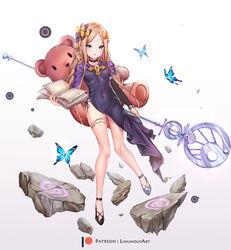  abigail_williams_(fate) artist_name bandaid bandaid_on_face bandaid_on_forehead black_bow black_footwear blonde_hair blue_butterfly blue_eyes blush book bow breasts bug butterfly choker commentary_request cosplay covered_navel crossed_bandaids dress fate/grand_order fate/stay_night fate_(series) female forehead full_body gradient_background hairbow holding holding_book jewelry legs long_hair long_sleeves looking_at_viewer luminous medea_(fate) medea_(fate)_(cosplay) multiple_bows necklace open_book orange_bow parted_bangs patreon_logo patreon_username photoshop_(medium) polka_dot polka_dot_bow purple_dress rock small_breasts solo staff stuffed_animal stuffed_toy teddy_bear 