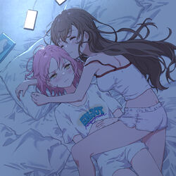  2girls arms_around_neck bare_arms bare_shoulders bed_sheet blanket blush breasts brown_hair camisole cellphone charging_device closed_eyes closed_mouth clothes_writing commentary_request d4dj dolphin_shorts hair_between_eyes hair_down hair_spread_out half-closed_eyes hands_on_own_stomach hands_up heads_together highres interlocked_fingers inuyose_shinobu light long_hair looking_away lying medium_breasts messy_sleeper midriff multiple_girls on_back on_side own_hands_together phone pillow pink_hair shirt short_hair short_shorts short_sleeves shorts sleeping sleeping_on_person smartphone spaghetti_strap strap_slip t-shirt tissue_box wavy_mouth white_camisole white_shirt white_shorts yamate_kyouko yellow_eyes yuri yutsumoe 