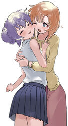  2girls :3 absurdres blue_eyes blue_skirt blush bracelet braid braided_bun cardigan cheek-to-cheek closed_eyes double_bun hair_bun hanyuu heads_together highres higurashi_no_naku_koro_ni horns hug jewelry multiple_girls nuzzle oici_ne one_eye_closed orange_hair pleated_skirt purple_hair red_skirt ryuuguu_rena shirt short_hair simple_background skirt sleeveless sleeveless_shirt white_background white_shirt 