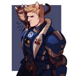  1boy animal animal_ears animal_on_shoulder armor belt black_pants black_shirt blonde_hair blue_jacket border brown_belt cat_boy cat_ears chest_armor closed_eyes feline jacket korean_commentary male_focus nez open_clothes open_jacket overwatch overwatch_1 pants shirt short_hair shoulder_pads simple_background soldier:_76_(overwatch) strike_commander_morrison white_border 