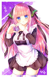  :&lt; alternate_costume apron black_dress black_ribbon blue_eyes blunt_bangs blush breasts butterfly_hair_ornament dress enmaided female frilled_apron frills go-toubun_no_hanayome hair_ornament heart heart_hands highres hime_cut large_breasts long_hair looking_at_viewer maid maid_apron multicolored_nails nail_polish nakano_nino pink_hair ribbon simple_background solo thighhighs thighs two_side_up v-shaped_eyebrows very_long_hair white_thighhighs xx_momomo_xx zettai_ryouiki 