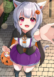  :d absurdres animal_ears arm_up black_cape black_thighhighs blurry blurry_background blush bubble_skirt cape cat_ears cat_girl cat_tail center_frills commentary_request depth_of_field facial_mark female foreshortening frilled_skirt frills grey_hair hair_ornament halloween halloween_bucket heart highres jack-o&#039;-lantern jack-o&#039;-lantern_hair_ornament looking_at_viewer multicolored_cape multicolored_clothes oerba_yun_fang open_mouth orange_cape original outdoors outstretched_arm over-kneehighs pom_pom_(clothes) puffy_short_sleeves puffy_sleeves purple_skirt red_eyes shirt short_sleeves skirt smile solo sora_(silent_square) standing tail thighhighs tsugumi-chan_(sora) two-sided_cape two-sided_fabric white_shirt 