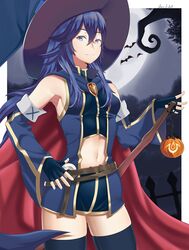  absurdres arcedo bat_(animal) belt blue_eyes blue_hair cape closed_mouth cosplay detached_sleeves female fingerless_gloves fire_emblem fire_emblem:_path_of_radiance fire_emblem_awakening fire_emblem_heroes gloves halloween halloween_costume hat highres long_hair long_sleeves lucina_(fire_emblem) mia_(fire_emblem) mia_(fire_emblem)_(cosplay) mia_(halloween)_(fire_emblem) midriff moon navel red_cape solo thighhighs witch_hat 