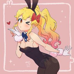  &gt;_o aikatsu!_(series) aikatsu_stars! animal_ears artist_name bare_shoulders black_hairband black_leotard blonde_hair blowing_kiss blue_bow blue_bowtie blush bow bowtie breasts brown_eyes cleavage commentary covered_navel cowboy_shot dated detached_collar fake_animal_ears fake_tail female fishnet_pantyhose fishnets framed from_side fur_trim gloves gradient_hair hairband hairbow heart highres leaning_forward leotard long_hair looking_at_viewer medium_breasts multicolored_hair nijino_yume one_eye_closed pantyhose pink_background pink_hair playboy_bunny puckered_lips rabbit_ears rabbit_tail red_bow side-tie_leotard signature simple_background solo star_(symbol) star_print strapless strapless_leotard susinoyama tail twintails wavy_hair white_gloves wrist_cuffs 