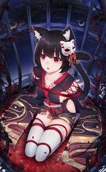  7t absurdres animal_ear_fluff animal_ears arms_behind_back azur_lane black_hair bondage bondage bondage bound bound_arms bound_legs breasts cage cat_ears cat_girl cat_tail chinese_commentary collarbone commentary_request cushion dutch_angle female from_above full_body highres in_cage japanese_clothes kimono kneeling large_breasts looking_at_viewer looking_up mask mask_on_head obi obijime open_mouth petals plant red_eyes red_rope rope sash seiza short_hair short_kimono sideboob sideless_kimono sitting sleeveless sleeveless_kimono solo tail thick_eyebrows thighhighs thorns vines white_thighhighs yamashiro_(azur_lane) 