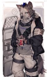  1boy ? arknights black_gloves black_jacket bottle closed_mouth furry furry_male gloves grey_pants grey_shirt highres hyena_boy jacket looking_at_viewer male_focus multicolored_hair opening_can p7ywirzyw8lesuc pants riot_shield shield shirt speech_bubble spoken_question_mark spot_(arknights) standing streaked_hair 