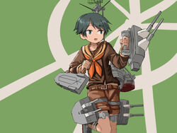  adapted_turret black_hair brown_serafuku brown_shorts brown_socks cannon english_commentary female green_background green_eyes kantai_collection kneehighs long_sleeves looking_to_the_side machinery mogami_(kancolle) mogami_kai_ni_(kancolle) one-hour_drawing_challenge orange_sailor_collar sailor_collar school_uniform serafuku short_hair shorts sixten socks solo standing standing_on_one_leg swept_bangs turret two-tone_background 