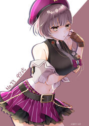  arm_under_breasts artist_name belt belt_buckle beret breasts brown_gloves buckle chain_belt character_name closed_mouth collared_shirt crop_top expressionless female fingerless_gloves front-tie_top girls&#039;_frontline gloves hat highres large_breasts medal midriff mole mole_under_mouth multicolored_eyes navel off_shoulder purple_hair purple_hat purple_skirt shirt short_hair simple_background skirt sleeveless sleeveless_shirt solo tied_shirt tsubakiya_setsuna two-tone_background type_92_(girls&#039;_frontline) 