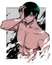  1boy abs absurdres b_lock_hinomoto blue_lock collarbone commentary english_commentary fingernails green_eyes green_hair hand_in_own_hair highres itoshi_rin looking_at_viewer male_focus parted_lips short_hair solo topless_male upper_body 