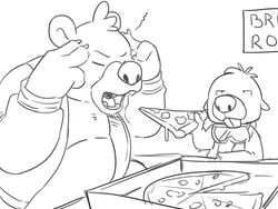  2021 4:3 american_black_bear anthro bear beaver biped black_bear breeze_in_the_clouds closed_eyes coal_(breeze_in_the_clouds) container duo eclipticafusion food kermode_bear male mammal meme monochrome overweight overweight_male pile_(breeze_in_the_clouds) pizza pizza_box rodent ursine 