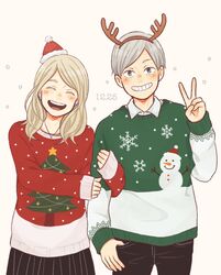  1boy antlers arm_hug black_pants blonde_hair brother_and_sister christmas christmas_sweater commentary_request dated facing_viewer female fur-trimmed_headwear fur_trim green_eyes grey_hair grin haiba_arisa haiba_lev haikyuu!! hat horns laugh_111 looking_at_viewer pants reindeer_antlers santa_hat siblings skirt sleeves_past_wrists smile teeth v 