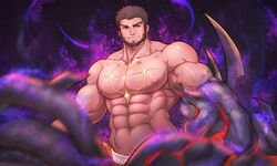  1boy abs avenger_(dungeon_and_fighter) bara beard brown_hair chest_tattoo dungeon_and_fighter facial_hair highres kulolin large_pectorals loincloth male_focus male_priest_(dungeon_and_fighter) mature_male monster_boy monsterification muscular muscular_male navel nipples octopus_boy paid_reward_available pectorals red_eyes short_hair solo stomach tattoo tentacle tentacle_hands topless_male veins 