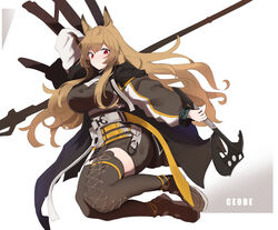  animal_ears arknights asumi_maboroshi axe breasts brown_hair ceobe_(arknights) character_name coat commentary_request dog_ears female highres large_breasts long_hair red_eyes smile thighhighs weapon weapon_on_back 