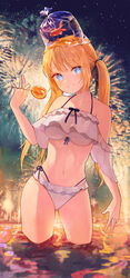  absurdres bad_id bad_twitter_id bikini black_ribbon blonde_hair blue_eyes breasts candy collarbone cowboy_shot female fish_on_head food frilled_bikini frills grin hair_ribbon halterneck happyongdal head_tilt highres holding hololive hololive_english lollipop looking_at_viewer medium_breasts navel off-shoulder_bikini off_shoulder official_alternate_hair_length official_alternate_hairstyle outdoors ribbon side-tie_bikini_bottom side_ponytail sidelocks smile solo stomach swimsuit thighs two_side_up virtual_youtuber watson_amelia white_bikini 