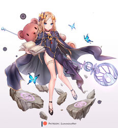  abigail_williams_(fate) artist_name bandaid bandaid_on_face bandaid_on_forehead black_bow black_footwear blonde_hair blue_butterfly blue_eyes blush book bow breasts bug butterfly choker cloak commentary_request cosplay crossed_bandaids dress fate/grand_order fate/stay_night fate_(series) female forehead full_body gradient_background hairbow holding holding_book hood hooded_cloak jewelry legs long_hair long_sleeves looking_at_viewer luminous medea_(fate) medea_(fate)_(cosplay) multiple_bows necklace open_book orange_bow parted_bangs patreon_logo patreon_username photoshop_(medium) polka_dot polka_dot_bow purple_dress rock small_breasts solo staff stuffed_animal stuffed_toy teddy_bear 