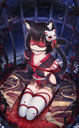  7t absurdres animal_ear_fluff animal_ears arms_behind_back azur_lane ball_gag black_hair blindfold bondage bondage bondage bound bound_arms breasts cage cat_ears cat_girl cat_tail chinese_commentary collarbone commentary_request cushion dutch_angle female from_above full_body gag gagged highres in_cage japanese_clothes kimono kneeling large_breasts mask mask_on_head obi obijime petals plant red_rope rope sash seiza short_hair short_kimono sideboob sideless_kimono sitting sleeveless sleeveless_kimono solo tail thick_eyebrows thighhighs thorns vines white_thighhighs wiffle_gag yamashiro_(azur_lane) 