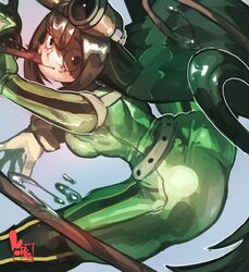  :&gt; all_fours ass asui_tsuyu blush bodysuit boku_no_hero_academia breasts closed_mouth commentary feet_out_of_frame female from_above furrowed_brow gloves goggles goggles_on_head green_bodysuit green_eyes green_hair hair_between_eyes highres keziedra long_hair long_tongue looking_back looking_down low-tied_long_hair medium_breasts simple_background skin_tight solo spread_legs straight_hair tongue white_background white_gloves 