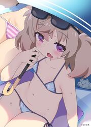  2girls bikini eyewear_on_head hiro_hiroki light_brown_hair multiple_girls oerba_yun_fang parasol purple_eyes side-tie_bikini_bottom skin_fang slow_loop sunglasses sweat swimsuit twintails umbrella yoshinaga_koi 