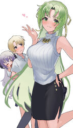  1boy 2girls absurdres black_skirt blonde_hair closed_eyes green_eyes green_hair hair_ribbon hand_on_own_hip hanyuu heart highres higurashi_no_naku_koro_ni horns houjou_satoshi jewelry leg_up long_hair multiple_girls oici_ne purple_eyes purple_hair ribbon shirt short_hair simple_background skirt sleeveless sleeveless_turtleneck sonozaki_shion sweater taser turtleneck turtleneck_sweater white_background white_shirt yellow_ribbon 