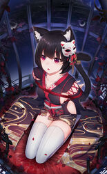  7t absurdres animal_ear_fluff animal_ears arms_behind_back azur_lane black_hair bondage bondage bondage bound bound_arms breasts cage cat_ears cat_girl cat_tail chinese_commentary collarbone commentary_request cushion dutch_angle female from_above full_body highres in_cage japanese_clothes kimono kneeling large_breasts looking_at_viewer looking_up mask mask_on_head obi obijime open_mouth petals plant red_eyes red_rope rope sash seiza short_hair short_kimono sideboob sideless_kimono sitting sleeveless sleeveless_kimono solo tail thick_eyebrows thighhighs thorns vines white_thighhighs yamashiro_(azur_lane) 