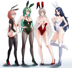  4girls absurdres alternate_costume animal_ears azur_lane bare_legs boots breasts center_opening cl_(summer_sama) cleavage commission fishnet_pantyhose fishnets full_body high_heels highleg highleg_leotard highres impero_(azur_lane) knee_boots large_breasts leotard littorio_(azur_lane) long_hair looking_at_viewer meme_attire multiple_girls pantyhose pixiv_commission playboy_bunny rabbit_ears rabbit_tail reverse_bunnysuit reverse_outfit roma_(azur_lane) simple_background tail thigh_boots thong underwear vittorio_veneto_(azur_lane) white_background 