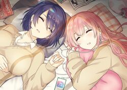  2girls blue_hair breasts cardigan closed_eyes collared_shirt dark_blue_hair earbuds earphones highres large_breasts long_hair lying multiple_girls on_back on_side original parted_lips pillow pink_hair piyosuke_tmg shared_earphones shirt short_hair sleeping white_shirt 