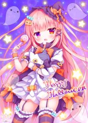  &gt;_&lt; :3 :d :x bell black_hat blush bow button_eyes buttons candy candy_hair_ornament candy_wrapper closed_mouth commentary_request dress female food food-themed_hair_ornament frilled_thighhighs frills fuxiyu garter_straps ghost hair_ornament halloween happy_halloween hat hat_bow highres holding holding_candy holding_food holding_lollipop hugging_object jack-o&#039;-lantern jack-o&#039;-lantern_hair_ornament jingle_bell lollipop long_hair looking_at_viewer mini_hat mini_witch_hat oerba_yun_fang open_mouth orange_bow original pink_hair puffy_short_sleeves puffy_sleeves purple_dress purple_eyes red_eyes short_sleeves skindentation sleeveless sleeveless_dress slit_pupils smile solo star_(symbol) striped_clothes striped_thighhighs stuffed_animal stuffed_cat stuffed_toy swirl_lollipop tail tail_bell tail_bow tail_ornament thighhighs tilted_headwear two_side_up very_long_hair witch_hat wrist_cuffs 