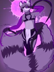  3:4 absurd_res arm_tuft belt big_tail bottomwear chest_tuft clothing femboy fur hi_res hunter inner_ear_fluff latex loincloth long_tail looking_at_viewer male mammal midriff multicolored_body multicolored_fur navel procyonid purple_background purple_body purple_fur raccoon rockstar shorty shoulder_tuft simple_background solo tail tongue tongue_out tuft two_tone_body two_tone_fur two_tone_tail vreygal 