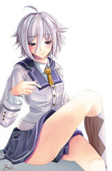  black_skirt blush brown_socks closed_mouth collared_shirt commentary_request feet_out_of_frame female grey_eyes grey_hair hand_up itomi_sayaka kneehighs long_sleeves necktie shirt signature simple_background skirt smile socks solo toji_no_miko white_background white_shirt yellow_necktie yumibakama_meme 