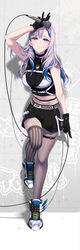  :q absurdres asymmetrical_legwear black_gloves black_shorts blue_eyes blue_hair breasts bright_pupils crop_top earrings female fishnets gloves hair_ornament hairclip highres holding holding_microphone hololive hololive_indonesia jewelry medium_breasts microphone midriff multicolored_hair official_alternate_costume pavolia_reine pavolia_reine_(streetwear) pochi_(pochi-goya) shoes shorts skindentation sneakers solo streaked_hair thigh_strap tongue tongue_out triangle_earrings uneven_legwear virtual_youtuber white_footwear white_hair white_pupils 